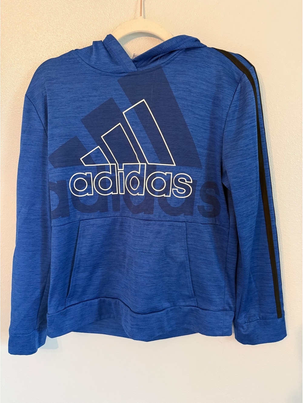 Adidas Boys Blue Hoodie Sweatshirt with Black Stripes, Size Large (14/16)